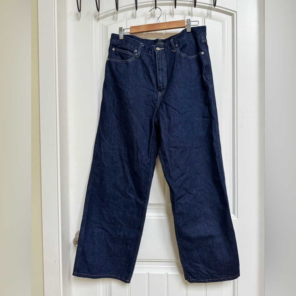 Uniqlo 100% Cotton Dark Wash High Rise Wide Leg Denim Jeans. 29” by 28”
